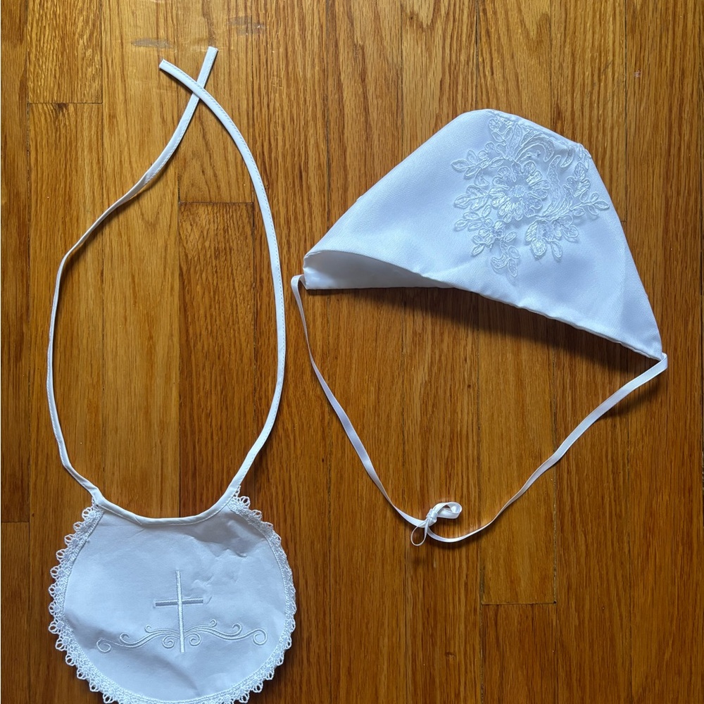 White Embroidered Baby Bonnet and Bib Set